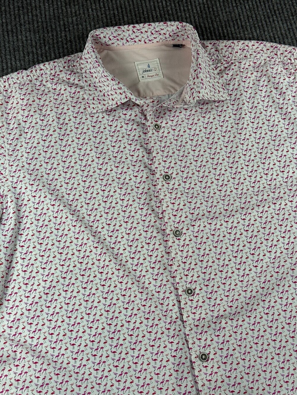 Johnnie O Hanging Out Button Up Mens XL Short Sleeve White Pink Flamingo Print